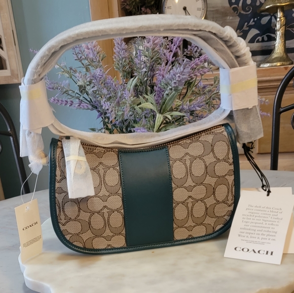 Coach Swinger in signature jacquard with teal color. - Picture 7 of 12